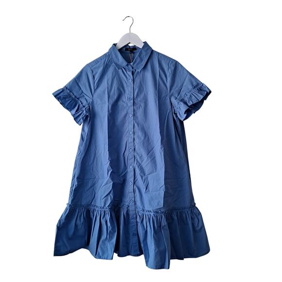 NWT Quince Organic Cotton Poplin Short Sleeve Ruffle Shirt Dress Blue Womens S - Picture 2 of 13